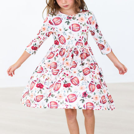Footballs & Flowers 3/4 Sleeve Pocket Twirl Dress