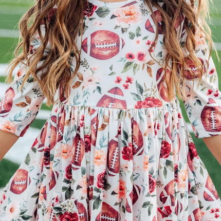 Footballs & Flowers 3/4 Sleeve Pocket Twirl Dress