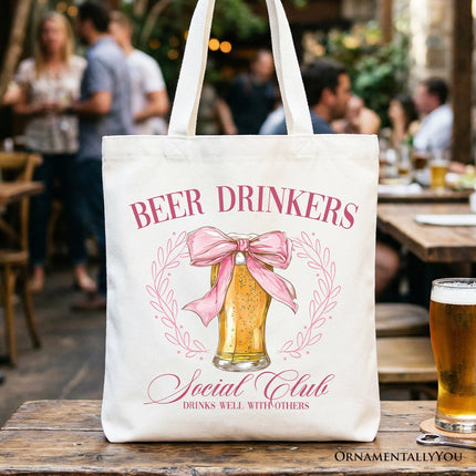 Beer Drinkers Social Club Tote Bag, Coquette Pink Bow Gift Shopper for Girly Summer Bachelorette Vibes - Dashing Nova