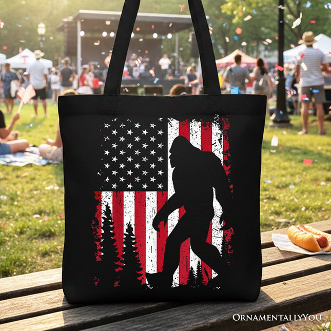 Bigfoot American Flag Canvas Tote Bag, Patriotic Sasquatch Gift Shopper - Dashing Nova