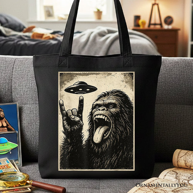 Bigfoot UFO Funny Canvas Tote Bag, Rock and Roll Sasquatch Meme Gift Shopper - Dashing Nova