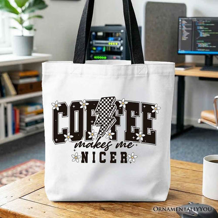 Coffee Makes Me Nicer Retro Tote Bag, Trendy Gift Shopper for Stylish Women and Caffeine Lovers