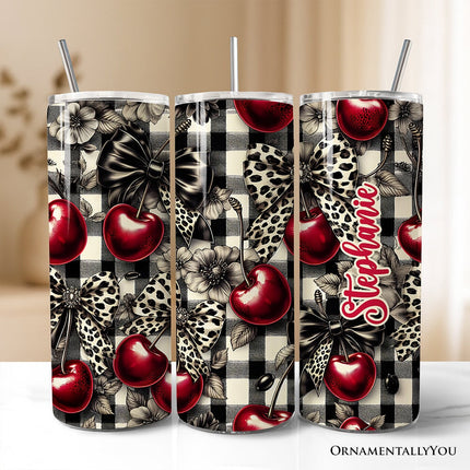Coquette Cherries And Bows 20oz Personalized Tumbler With Lid and Stainless Steel Straw, Vintage Girly Buffalo Plaid Gift Cup