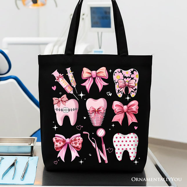 Dental Squad Coquette Canvas Tote Bag, Pink Teeth Dentist Life Bow Gift Shopper - Dashing Nova