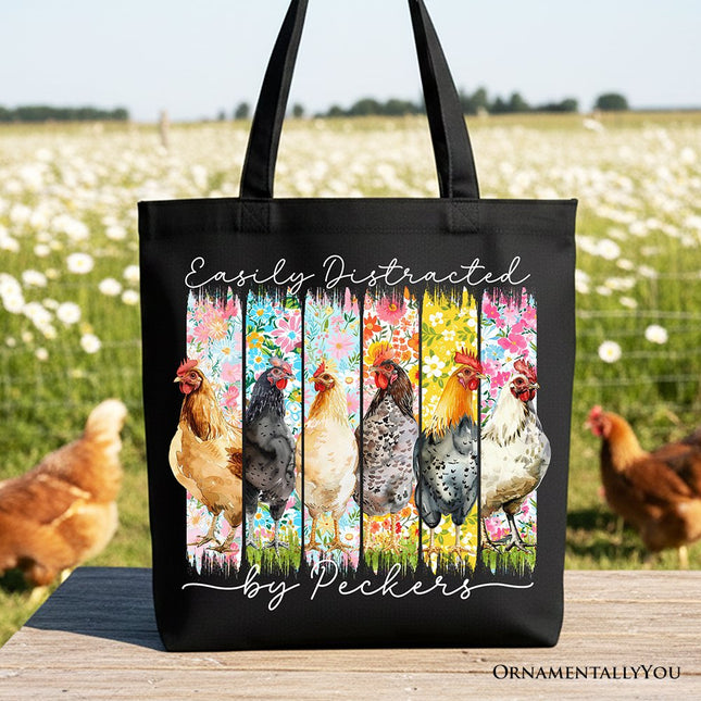 Easily Distracted by Peckers Chicken Farm Canvas Tote Bag, Funny Floral Farmlife Brushstroke Gift Shopper - Dashing Nova