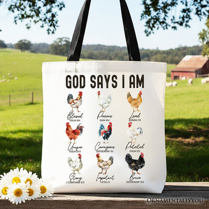 God Says I Am Christian Tote Bag, Rooster and Chicken Gift Shopper for Farm Style Lovers - Dashing Nova