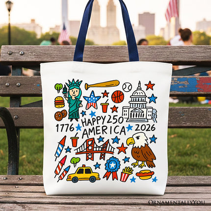 Happy 250 America Doodle Tote Bag, Patriotic USA 1776-2026 250th Anniversary Gift Shopper - Dashing Nova