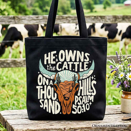 He Owns the Cattle On a Thousand Hills Tote Bag, Christian Western Faith Gift Shopper