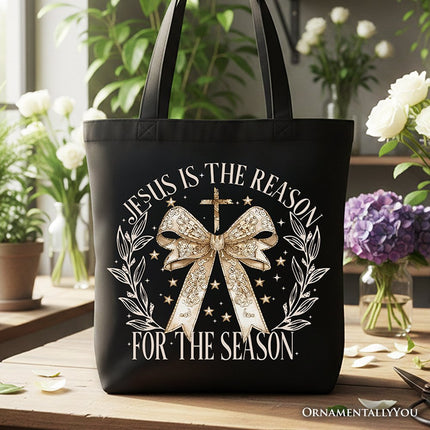 Jesus Is the Reason Christmas Tote Bag, Coquette Gold Bow Cross Gift Shopper for Faithful Women - Dashing Nova