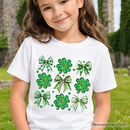 Kids Coquette Clover Bows St Patrick's Day T-Shirt, Green Irish Lucky Shamrock Tee for Youth - Dashing Nova