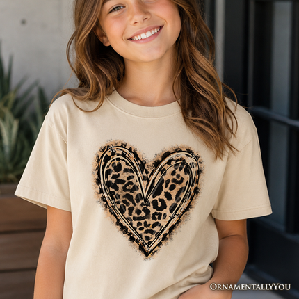 Kids Leopard Heart Valentine T-Shirt, Watercolor Love Tee for Youth - Dashing Nova