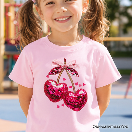 Kids Sequin Pink Cherry Heart Valentine T-Shirt, Mood for Love Coquette Tee for Youth Girls - Dashing Nova