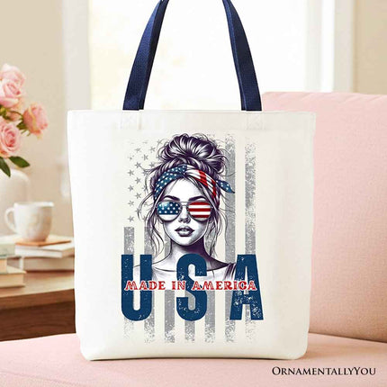 Made in America Messy Bun Tote Bag, Retro 4th of July White Patriotic Gift Shopper