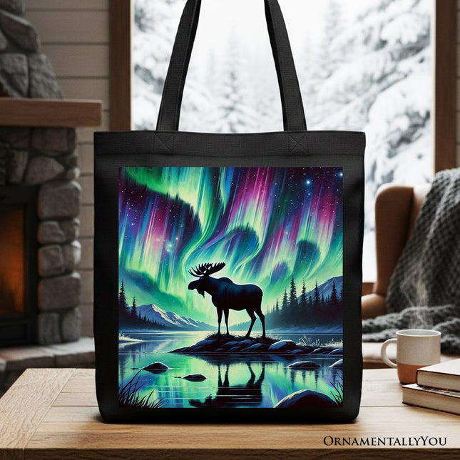 Majestic Moose Under Northern Lights Canvas Tote Bag, Gift Shopper for Enchanted Christmas - Dashing Nova