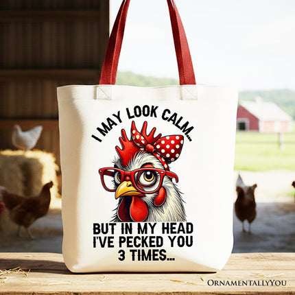 Pecking Chicken Tote Bag, Red Glasses and Bow White Gift Shopper for Sassy Women - Dashing Nova