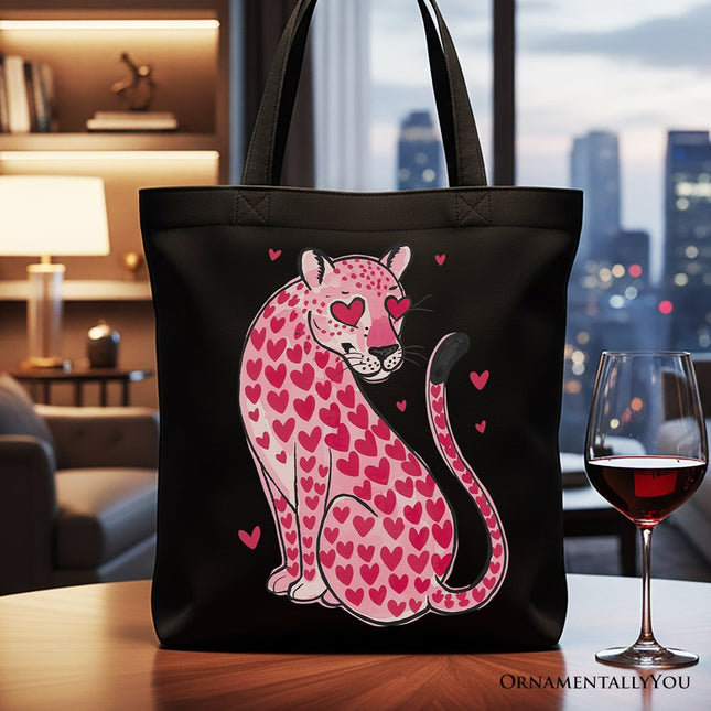 Pink Leopard Valentine Canvas Tote Bag, Cute Hearts Reusable Urban Bag - Dashing Nova