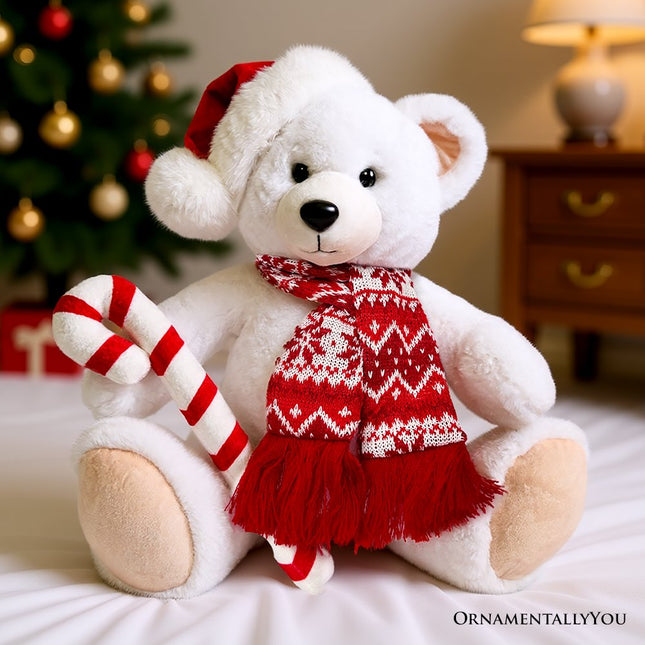 Snowy the Polar Bear Plushie, Cute Kids’ 12" Christmas Stuffed Toy, Santa Hat and Candy Cane - Dashing Nova