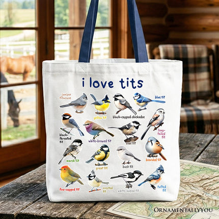 Whimsical Bird Tit Tote Bag, Funny Birdwatcher Gift Shopper Gift for Birder - Dashing Nova