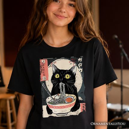 Kids Kawaii Anime Cat Eating Ramen T-Shirt, Noodle Japanese Art Style Tee for Youth - Dashing Nova