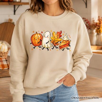 Cute Fall Characters Sweatshirt, Pumpkin Ghost Leaf Pie Autumn Sweater