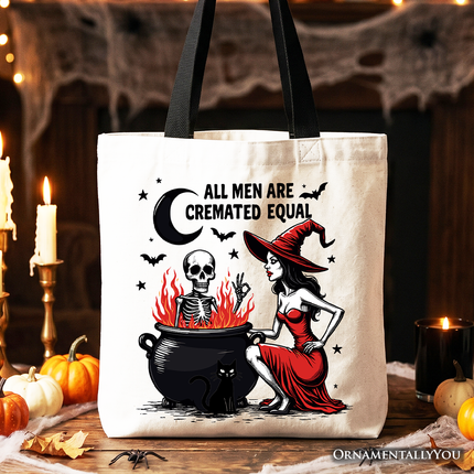 All Men Are Cremated Equal Halloween Tote Bag, Funny Witch - Dashing Nova