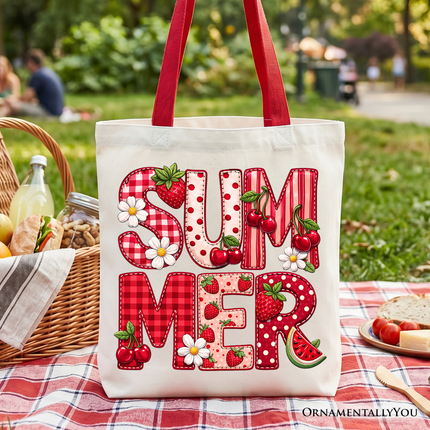 Strawberry Cherry Printed Faux Patchwork Tote Bag, Summer Fruit Picnic Gift Shopper - Dashing Nova