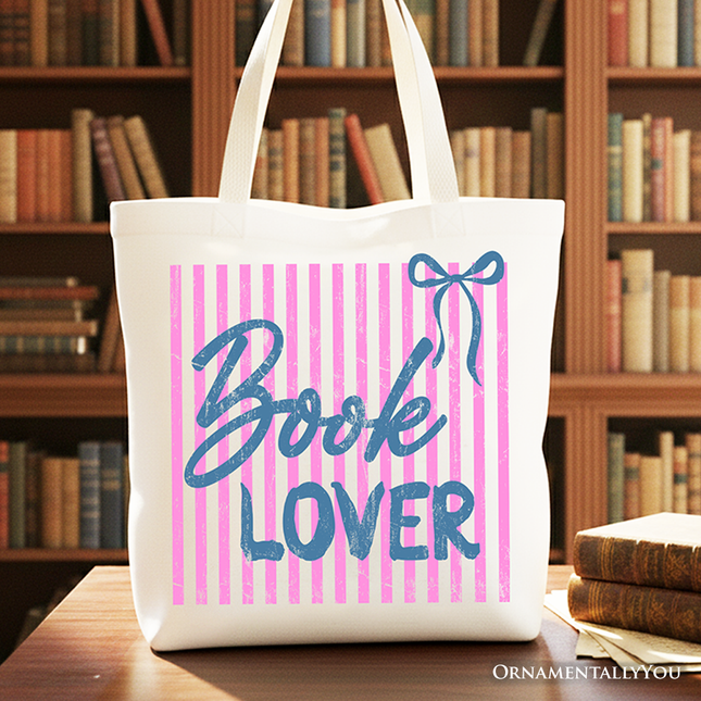 Book Lover Striped Reader Tote Bag, Coquette Bookworm Gift Shopper - Dashing Nova