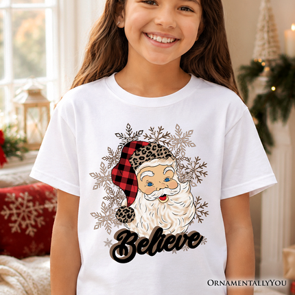 Kids Believe Santa Buffalo Plaid T-Shirt, Retro Christmas Youth Tee - Dashing Nova