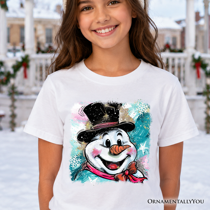 Kids Brushstroke Cute Snowman T-Shirt, Preppy Youth Merry Christmas Glitter Holiday Tee - Dashing Nova
