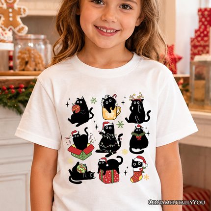 Kids Christmas Black Cats T-Shirt, Whimsical Cats with Santa Hat Youth Tee - Dashing Nova