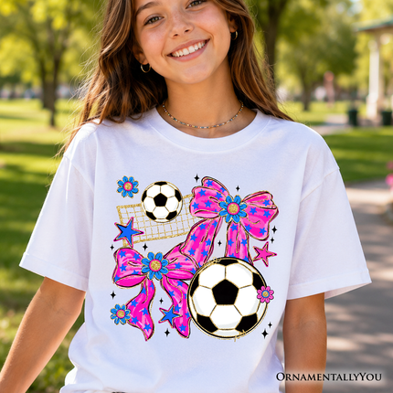 Kids Soccer Coquette Pink Bow T-Shirt, Preppy Game Day Tee for Youth Girls - Dashing Nova