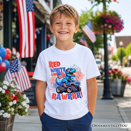 Kids Patriotic Dinosaur Monster Truck T-Shirt, Red White and Rawrr 4th of July Youth Tee - Dashing Nova