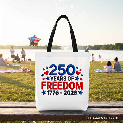 250 Years Freedom Faux Varsity Patch Tote Bag, 4th of July USA Patriotic 1776–2026 Gift Shopper
