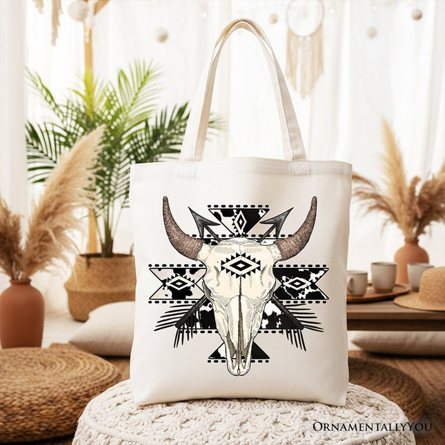 Aztec Tribal Bull Skull Canvas Tote Bag, Western Boho Gift Shopper - Dashing Nova