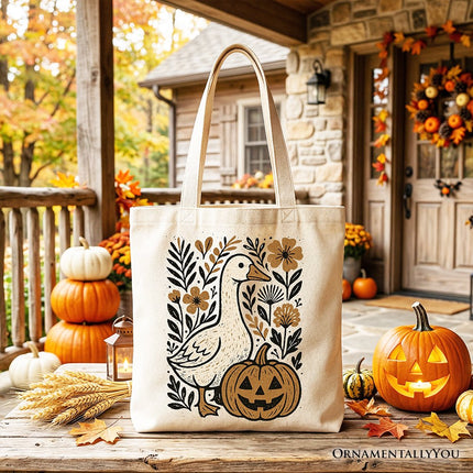 Boho Goose Halloween Pumpkin Tote Bag, Spooky Fall Floral Gift Shopper - Dashing Nova