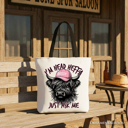 Bossy Highland Cow Canvas Tote Bag, Head Heifer Funny Western Gift Shopper