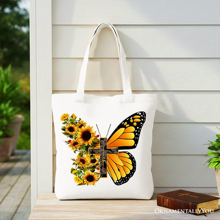 Faith Cross Butterfly Tote Bag, Christian Sunflower Floral Gift Shopper - Dashing Nova
