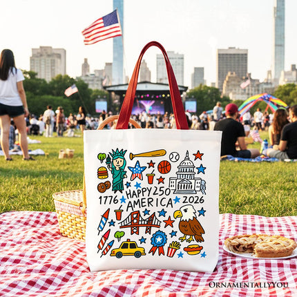 Happy 250 America Doodle Tote Bag, Patriotic USA 1776-2026 250th Anniversary Gift Shopper - Dashing Nova