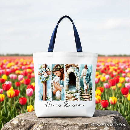 He Is Risen Christian Brushstroke Canvas Tote Bag, Festive Easter Gift Shopper - Dashing Nova