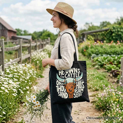 He Owns the Cattle On a Thousand Hills Tote Bag, Christian Western Faith Gift Shopper