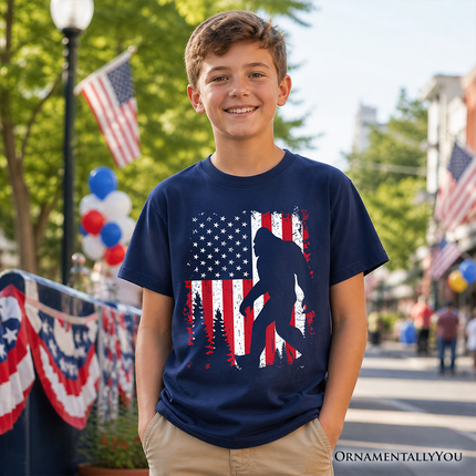 Kids Bigfoot American Flag T-Shirt, Youth Patriotic Sasquatch Tee - Dashing Nova