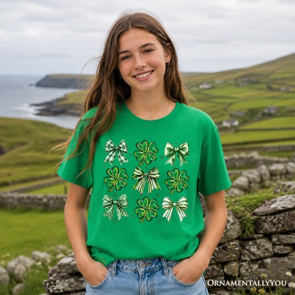 Kids Coquette Clover Bows St Patrick's Day T-Shirt, Green Irish Lucky Shamrock Tee for Youth - Dashing Nova