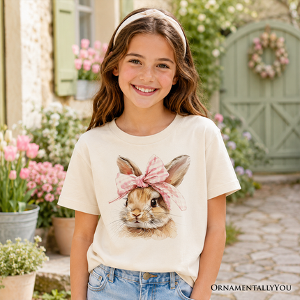 Kids Easter Bunny Coquette Pink Bow T-Shirt, Cute Watercolor Spring Tee for Youth Girls - Dashing Nova