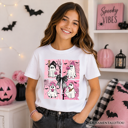 Kids Pink Halloween Ghost T-Shirt, Coquette Spooky Season Tee for Youth - Dashing Nova