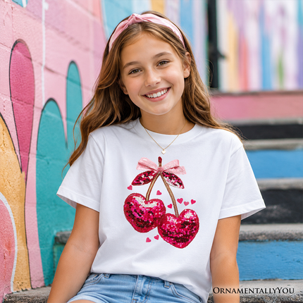 Kids Sequin Pink Cherry Heart Valentine T-Shirt, Mood for Love Coquette Tee for Youth Girls - Dashing Nova