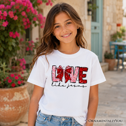 Love Like Jesus Kids Valentine T-Shirt, Coquette Bow Christian Hearts Tee for Youth - Dashing Nova