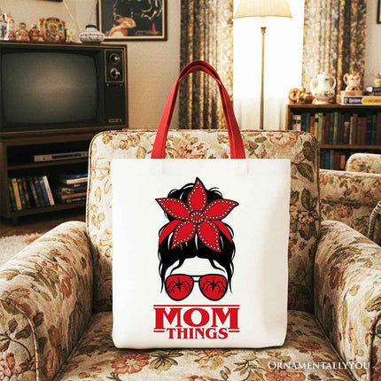 Mom Things Messy Bun Retro Canvas Tote Bag, Red Bandana Glasses Family Matching Gift Shopper