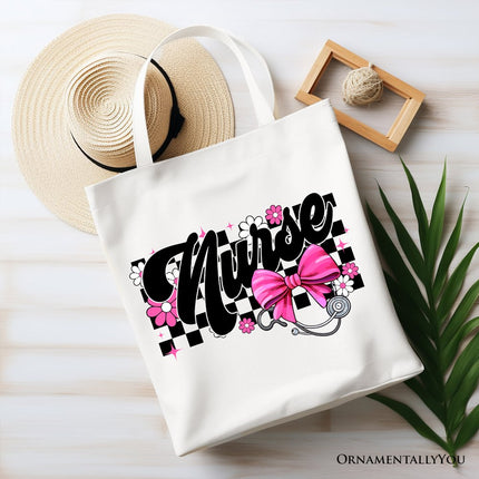 Nurse Floral Coquette Pink Bow Canvas Tote Bag, Retro Stethoscope Checkered Coworker Gift