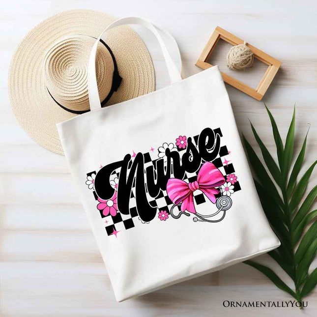 Nurse Floral Coquette Pink Bow Canvas Tote Bag, Retro Stethoscope Checkered Coworker Gift