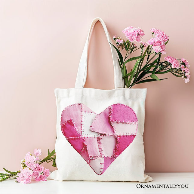 Patchwork-Style Pink Heart Canvas Tote Bag, Vintage Valentine Coquette Love Printed Gift Bag - Dashing Nova